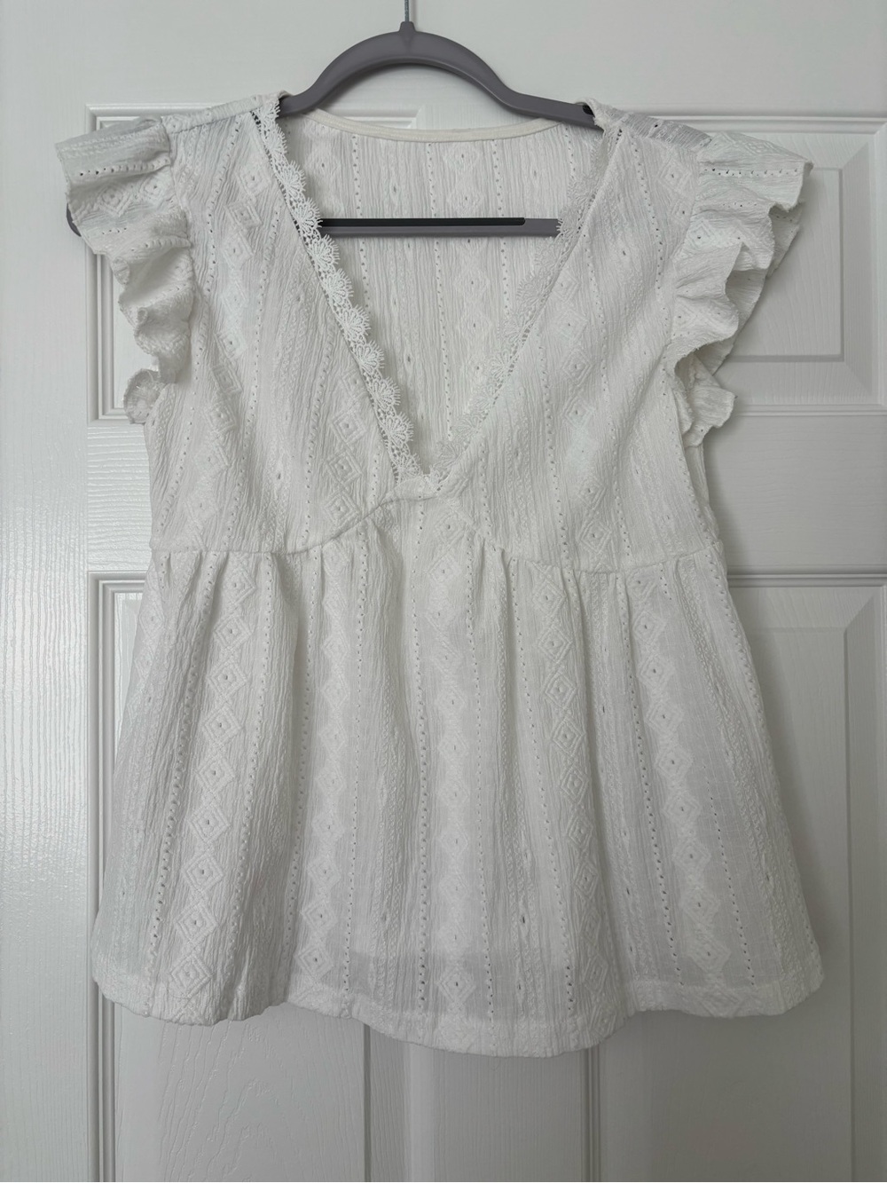 SHEIN White Eyelet V-Neck Flutter Sleeve Peplum Top